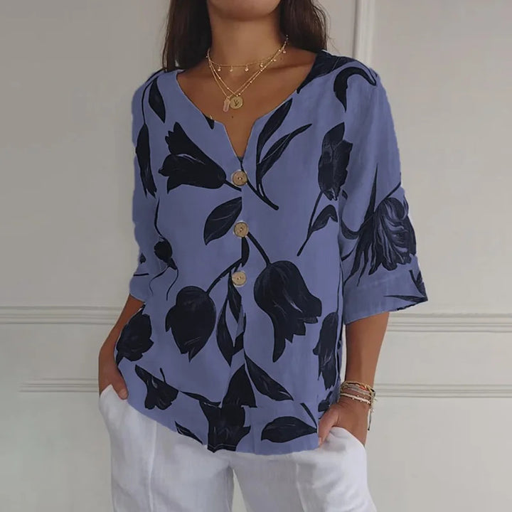 Frauen Locker V-Ausschnitt Bluse Top mit großem floralem Tulpenmuster und Knopfleiste Drune