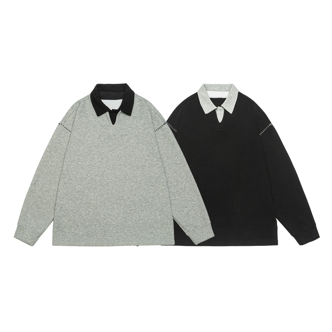 Unisex Oversize Polokragen-Sweatshirt mit Kontrastkragen und Zierperforation Drune