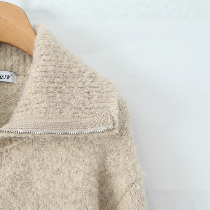 Damen kurze gezippte Strickjacke mit Stehkragen und Rippenbund Drune