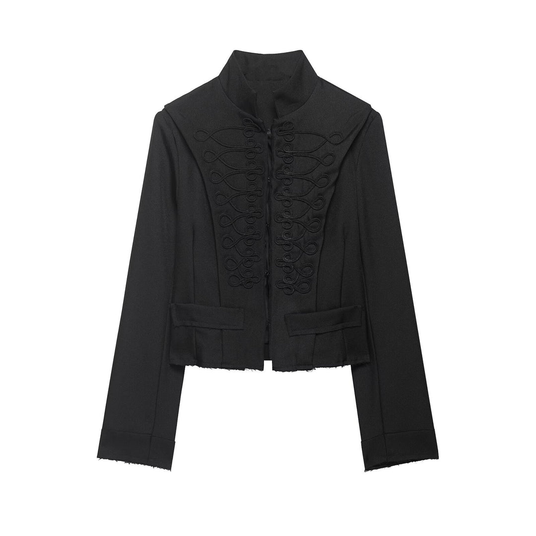 Damen Cropped‑Militärblazer mit Stehkragen, dekorativen Schlaufen und fransigem Saum Drune