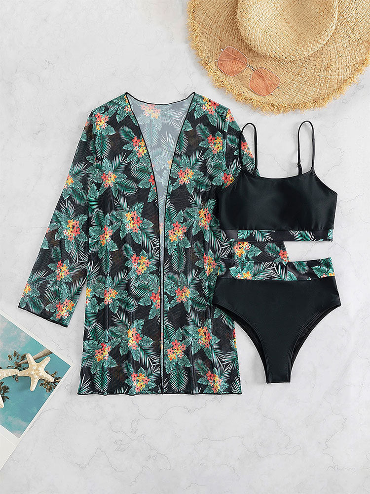 Damen Bikini-Set mit floralem Hohe-Taillenslip und passendem Kimono Drune