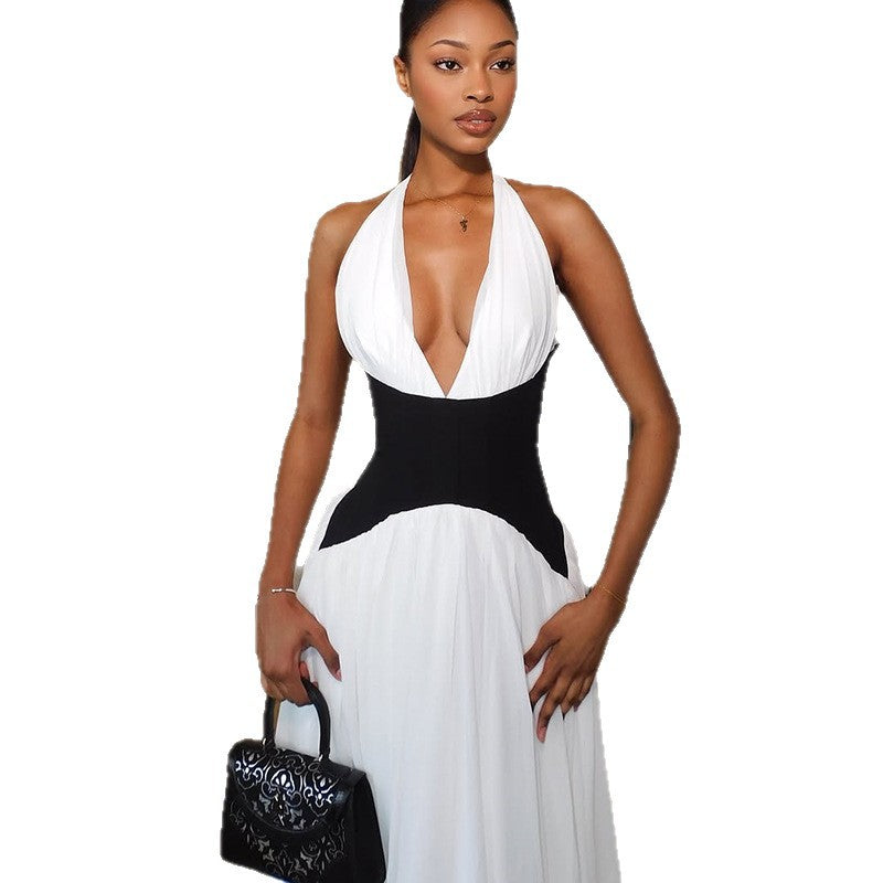 Damen Elegantes Maxikleid mit tiefem V-Ausschnitt und stilvollem Farbkontrast Drune