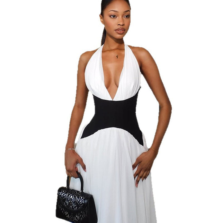 Damen Elegantes Maxikleid mit tiefem V-Ausschnitt und stilvollem Farbkontrast Drune