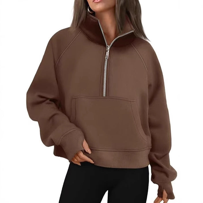Damen nan oversized Sweatshirt mit halbem Reißverschluss Kängurutasche und Daumenlöchern Drune
