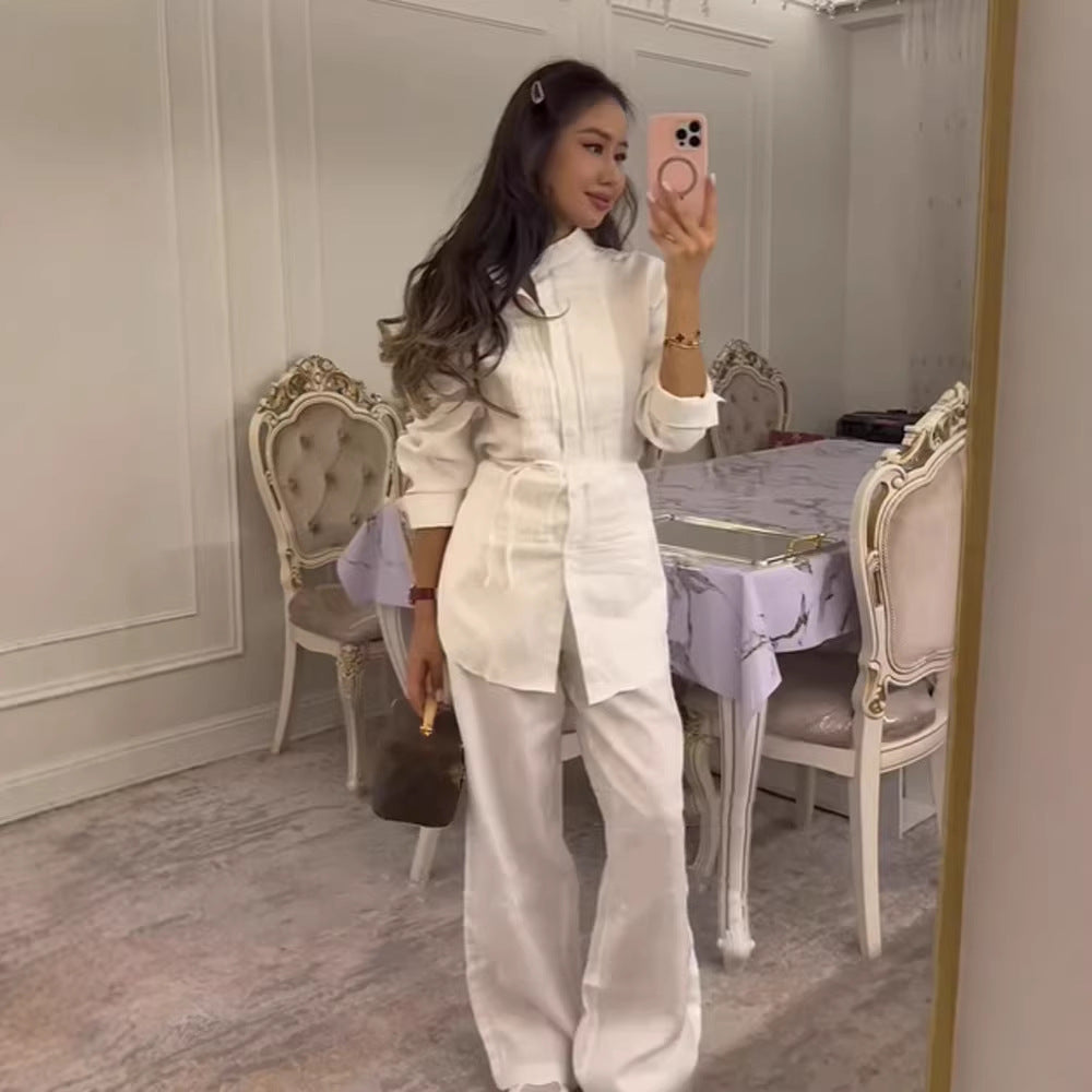 Damen Lange Hemdbluse mit feinen Biesen, Stehkragen und Bindegürtel Drune