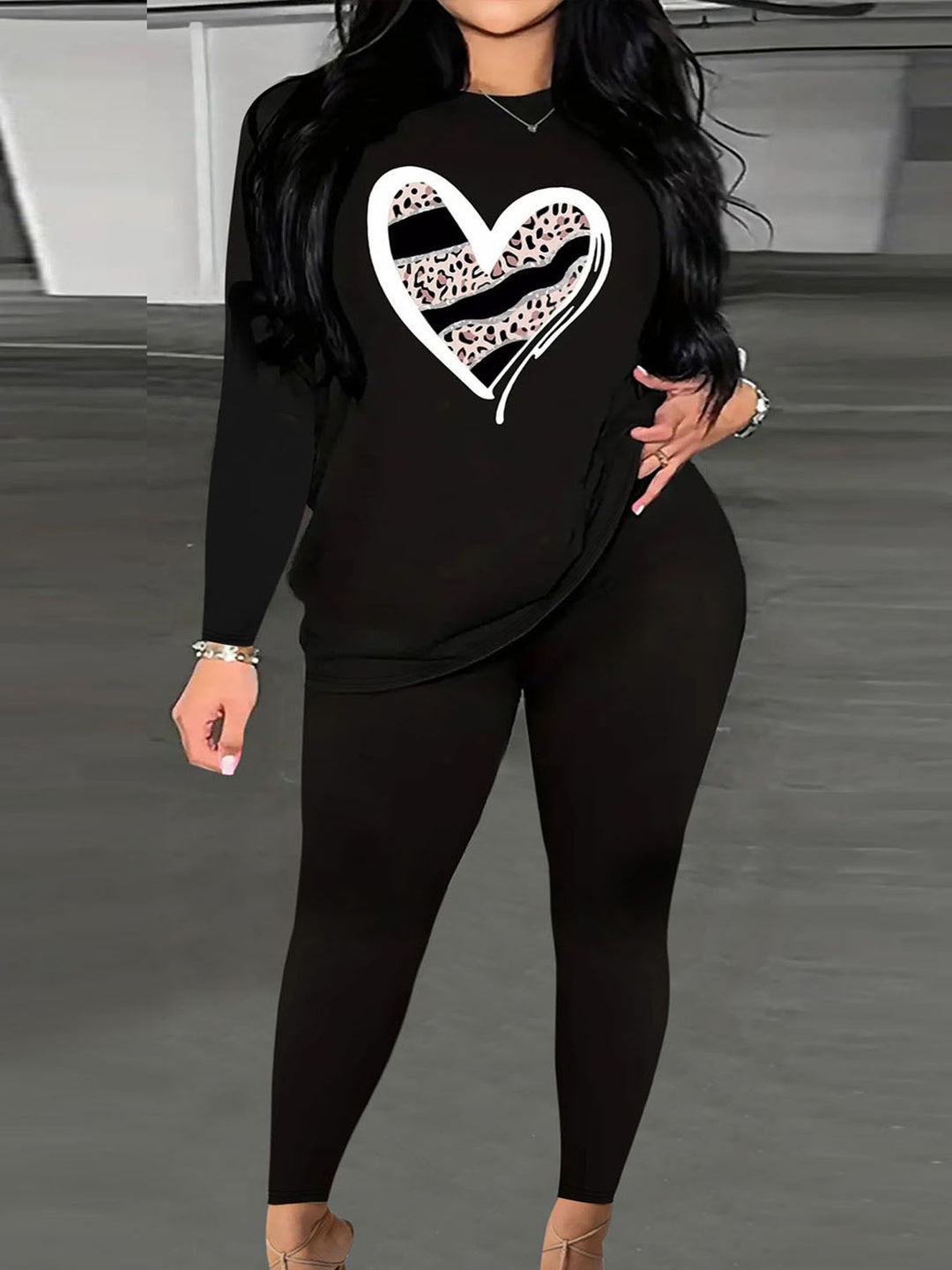 Damen Zweiteiler Lounge-Set mit Herz-Print Sweatshirt und High-Waist Leggings Drune