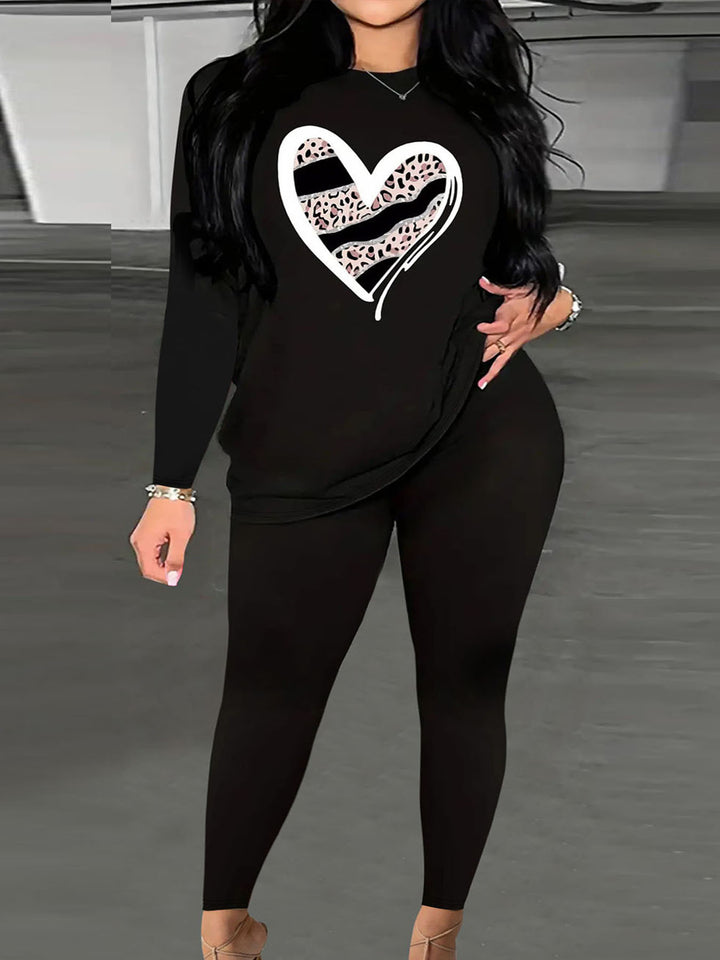 Damen Zweiteiler Lounge-Set mit Herz-Print Sweatshirt und High-Waist Leggings Drune