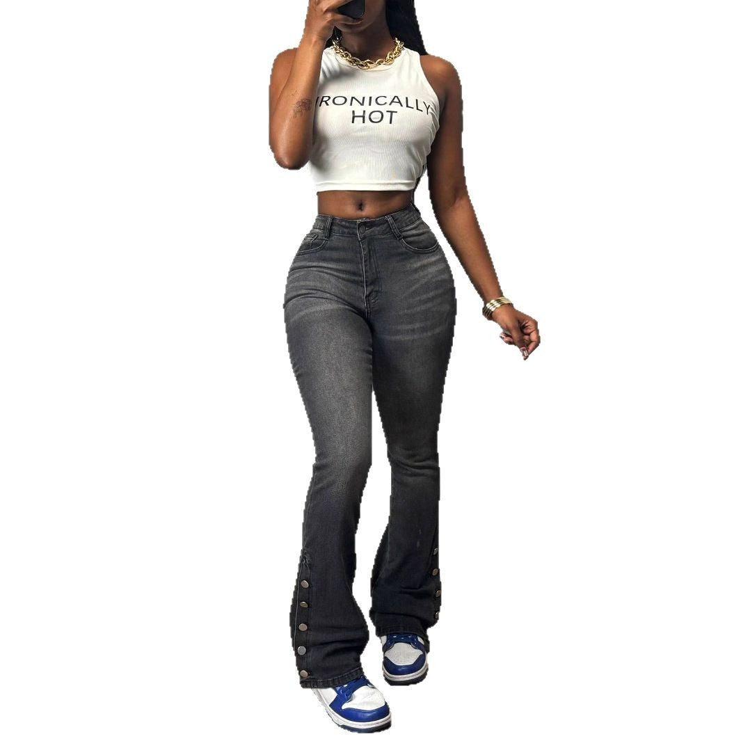 Damen hochtaillierte Flared-Jeans mit seitlicher Druckknopföffnung & sculptendem Sitz Drune