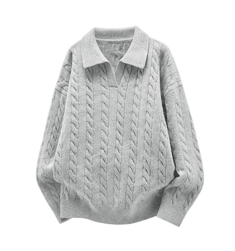Damen Oversize Kabelstrick-Polo-Pullover mit V‑Ausschnitt und geripptem Saum Drune