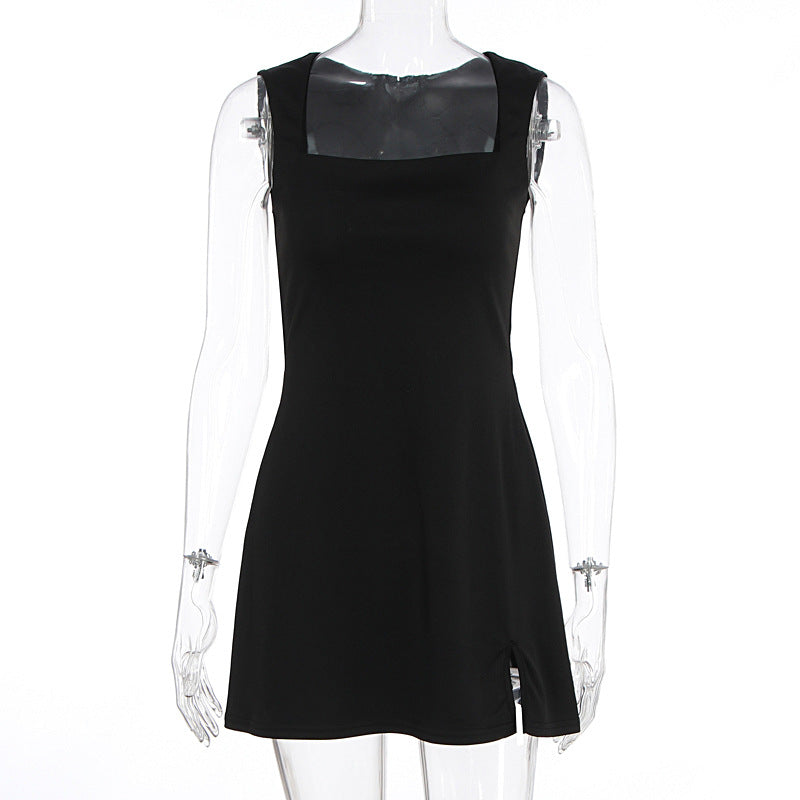 Damen Elegantes ärmelloses Kleid mit quadratischem Ausschnitt und hohem Schlitz Drune