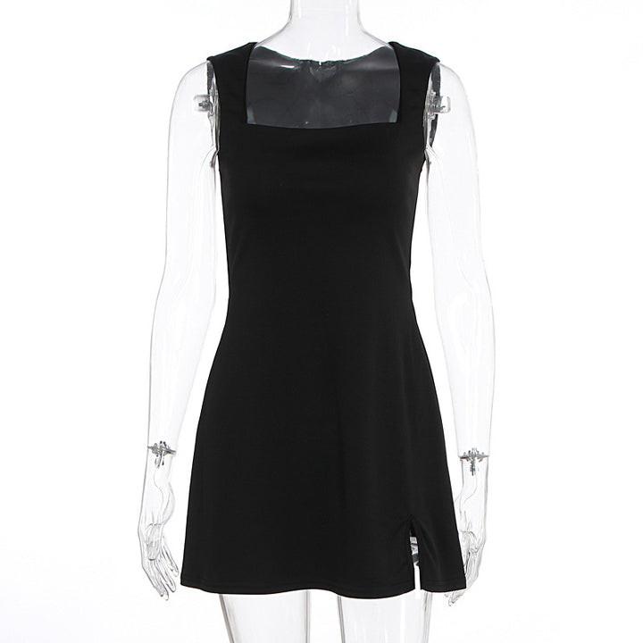 Damen Elegantes ärmelloses Kleid mit quadratischem Ausschnitt und hohem Schlitz Drune