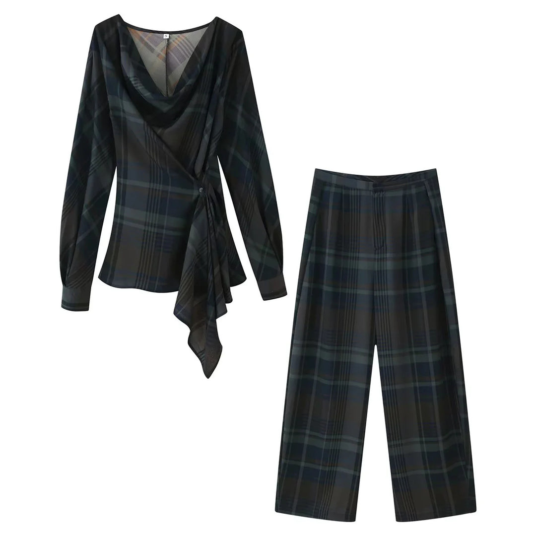 Damen nan weite Karohose mit hoher Taille, fließender Wide‑Leg‑Silhouette und verdecktem Elastikbund Drune