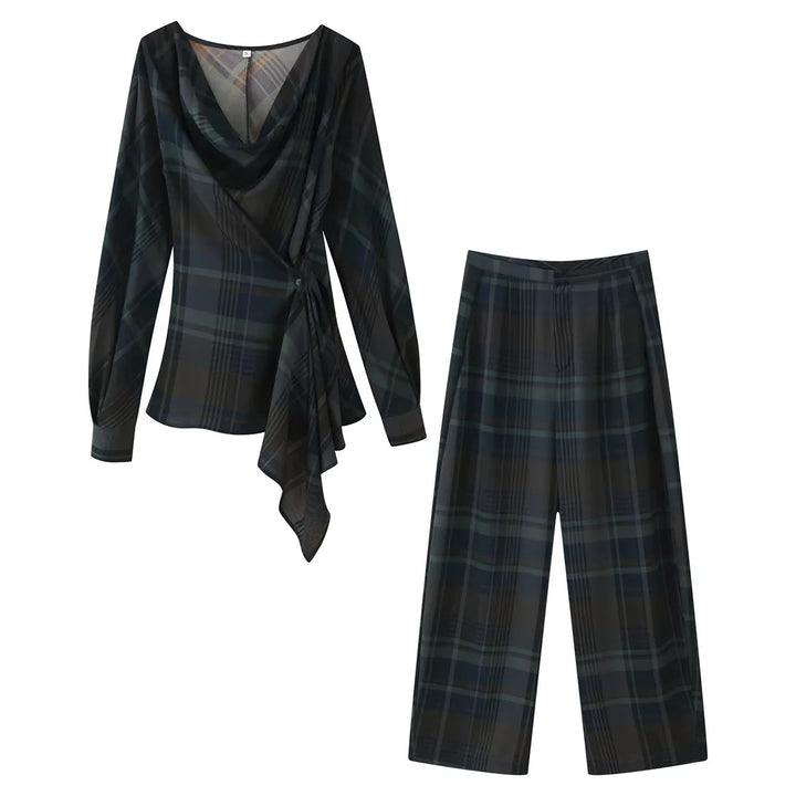 Damen nan weite Karohose mit hoher Taille, fließender Wide‑Leg‑Silhouette und verdecktem Elastikbund Drune
