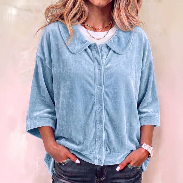 Damen Samt-Button-Down-Hemdbluse mit abgerundetem Kragen Drune