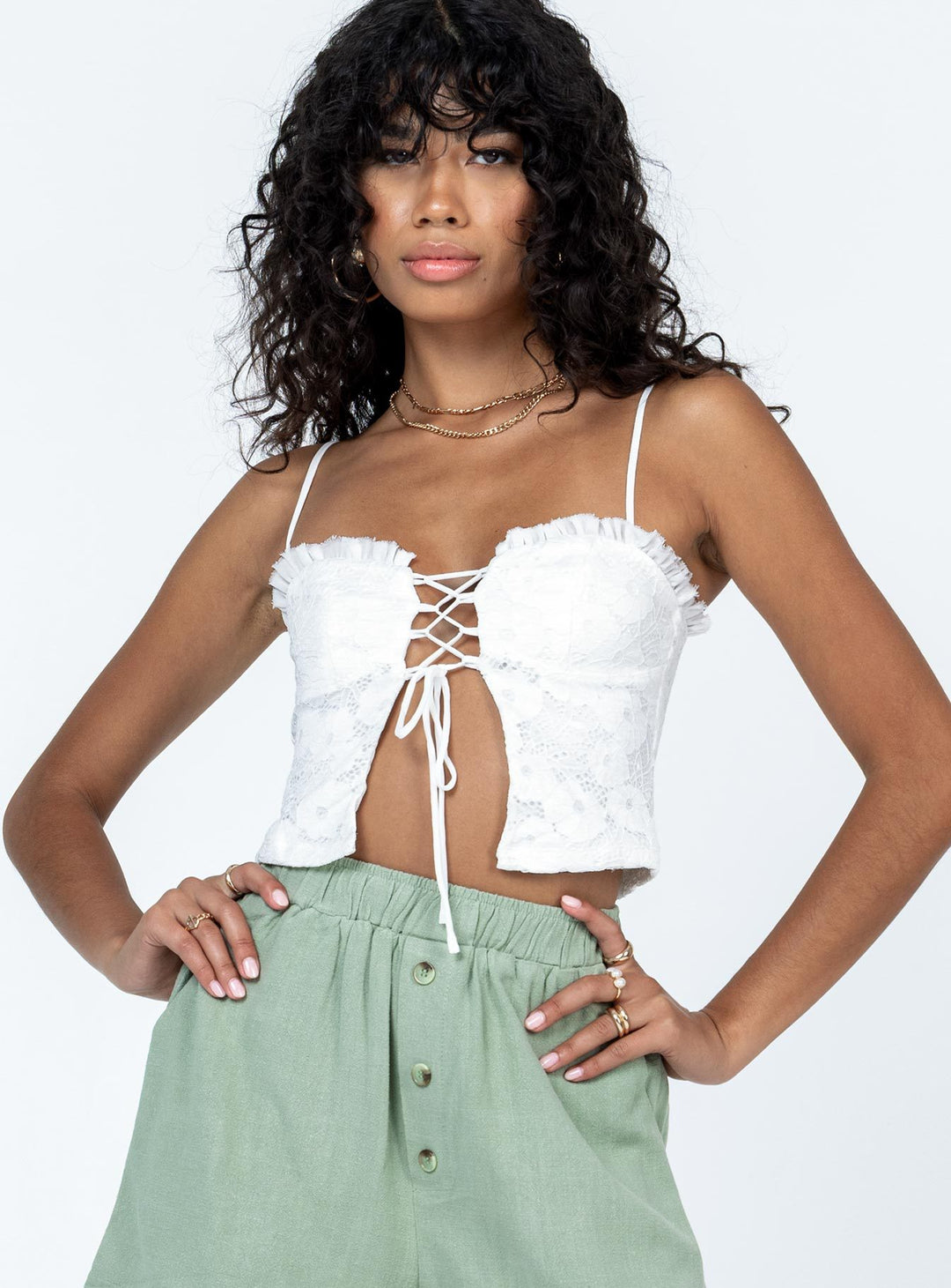 Damen Spitzen-Top mit Schnürung und Rüschendetail Drune
