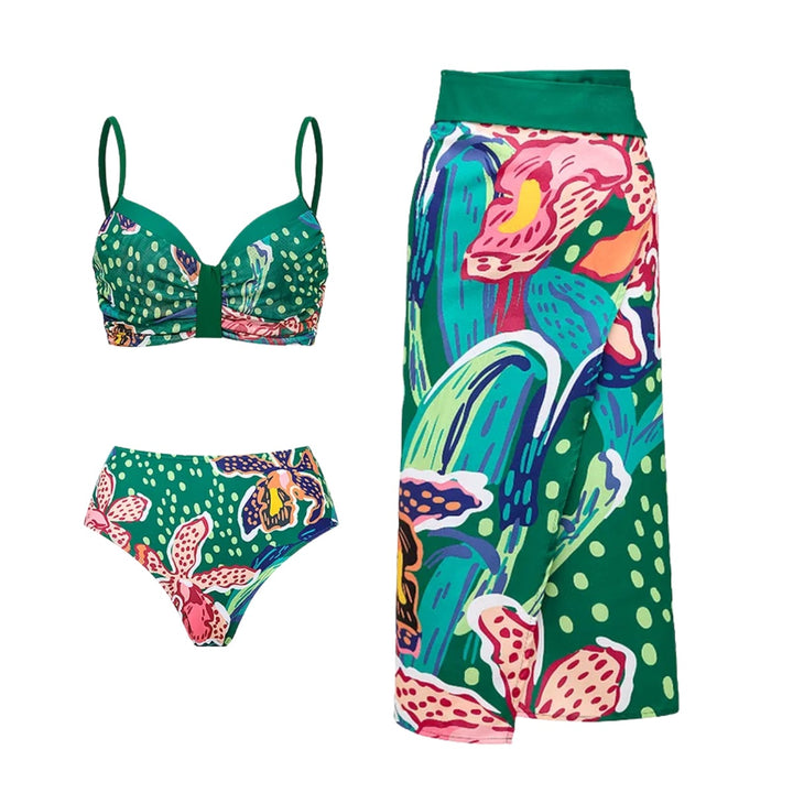 Damen Bikiniset mit farbenfrohem Maxirock und schicker Brustpartie Drune