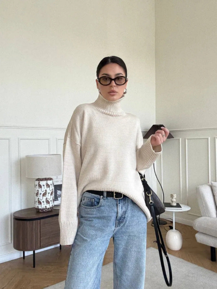 Damen Modischer Oversized Pullover mit hohem Kragen Drune