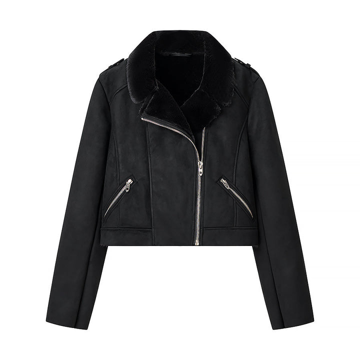Damen Kurze Bikerjacke mit Kunstfellkragen und Wildlederoptik Drune