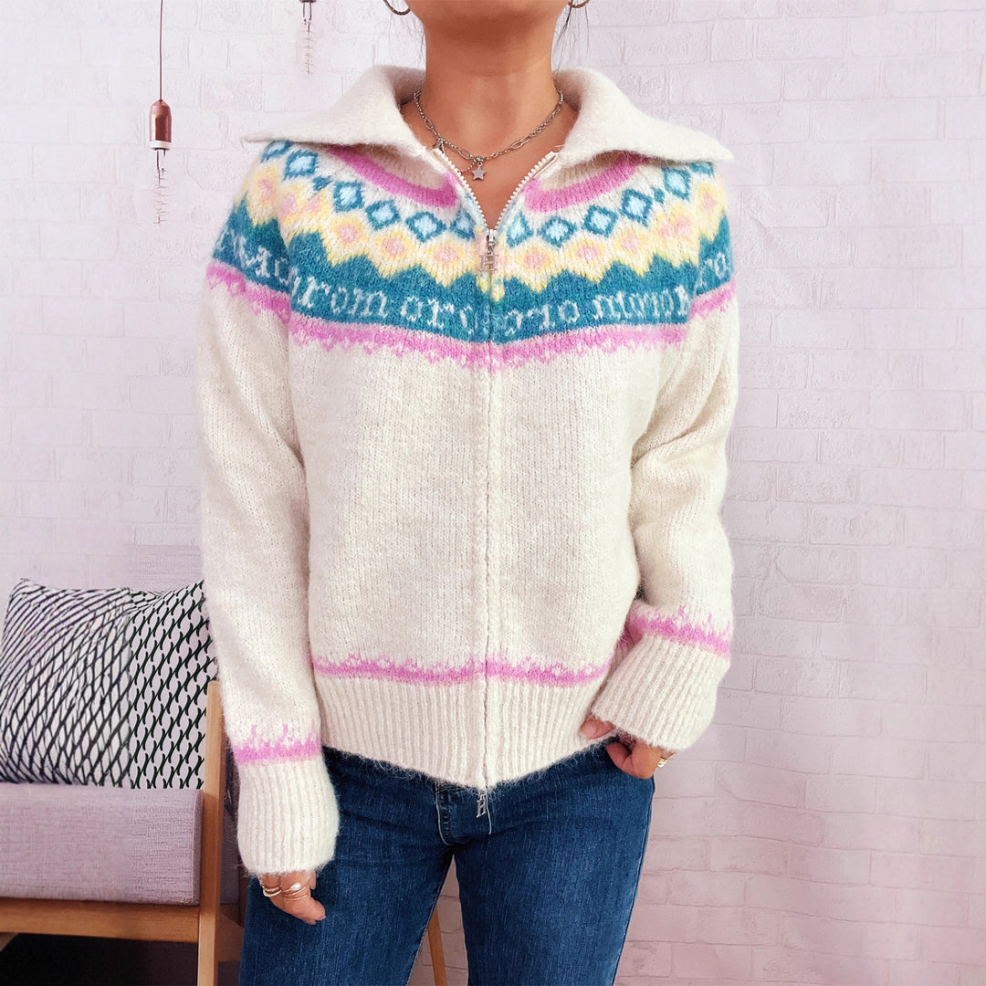 Damen Strickjacke mit floralem Muster und modernem Reißverschluss Drune