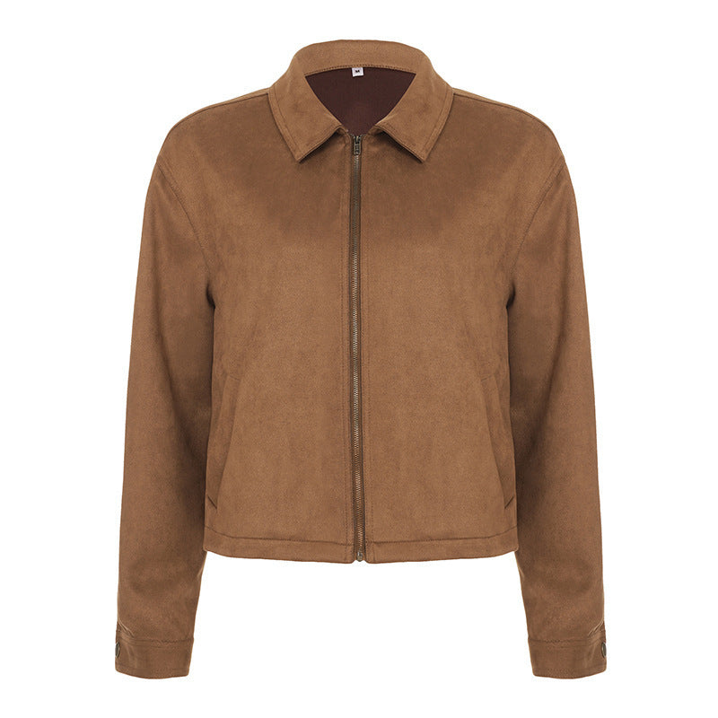 Damen Kurzgeschnittene Wildlederoptik Blousonjacke mit Hemdkragen und Reißverschluss Drune