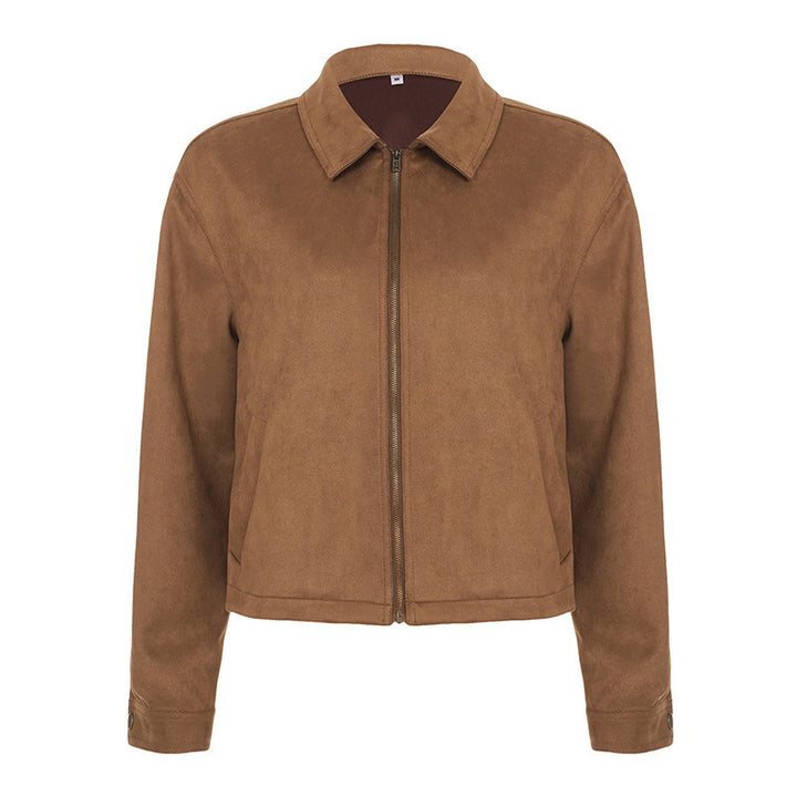 Damen Kurzgeschnittene Wildlederoptik Blousonjacke mit Hemdkragen und Reißverschluss Drune