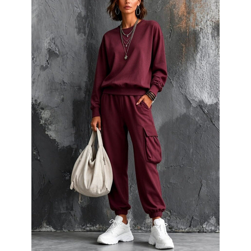 Damen Lounge-Set mit Rundhals-Sweatshirt und Cargo-Jogger aus French-Terry Drune
