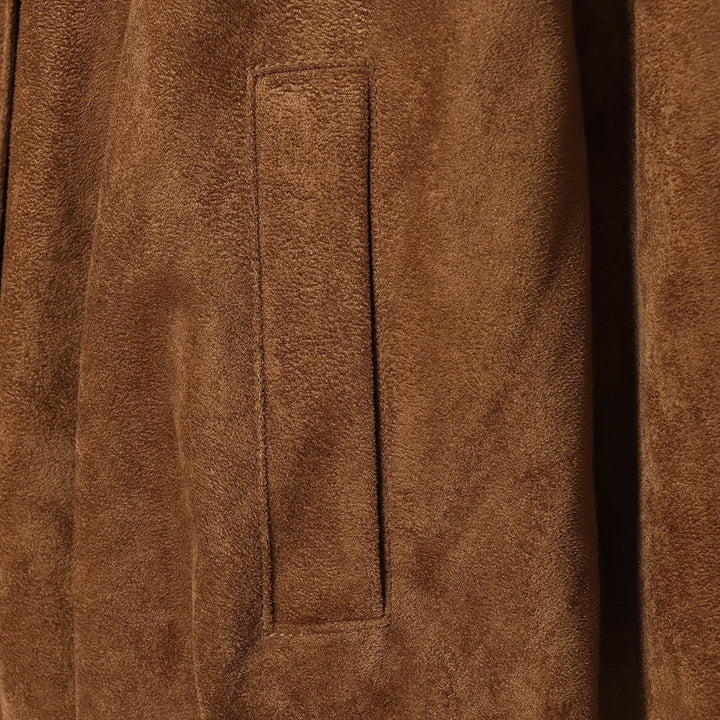 Damen Kurze Velours‑Suede‑Bomberjacke mit Stehkragen und verdeckter Knopfleiste Drune
