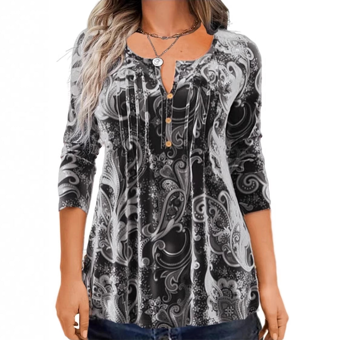 Damen Paisley Tunika mit 3/4 Ärmeln, Falten und Knopfblende Drune