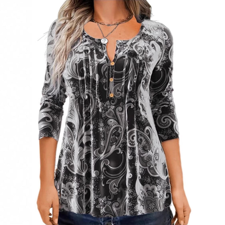 Damen Paisley Tunika mit 3/4 Ärmeln, Falten und Knopfblende Drune