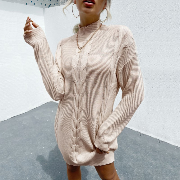 Damen kaschierendes Strickkleid mit Zopfmuster und Stehkragen Drune