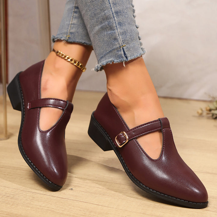 Damen Lack-Mary-Jane-Ballerinas mit spitzer Kappe, verstellbarem Riemen und kleinem Blockabsatz Drune