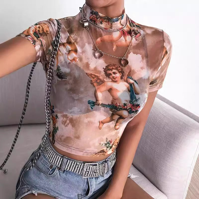 Damen Hochgeschlossenes Crop-Top mit romantischem Engelmotiven Drune