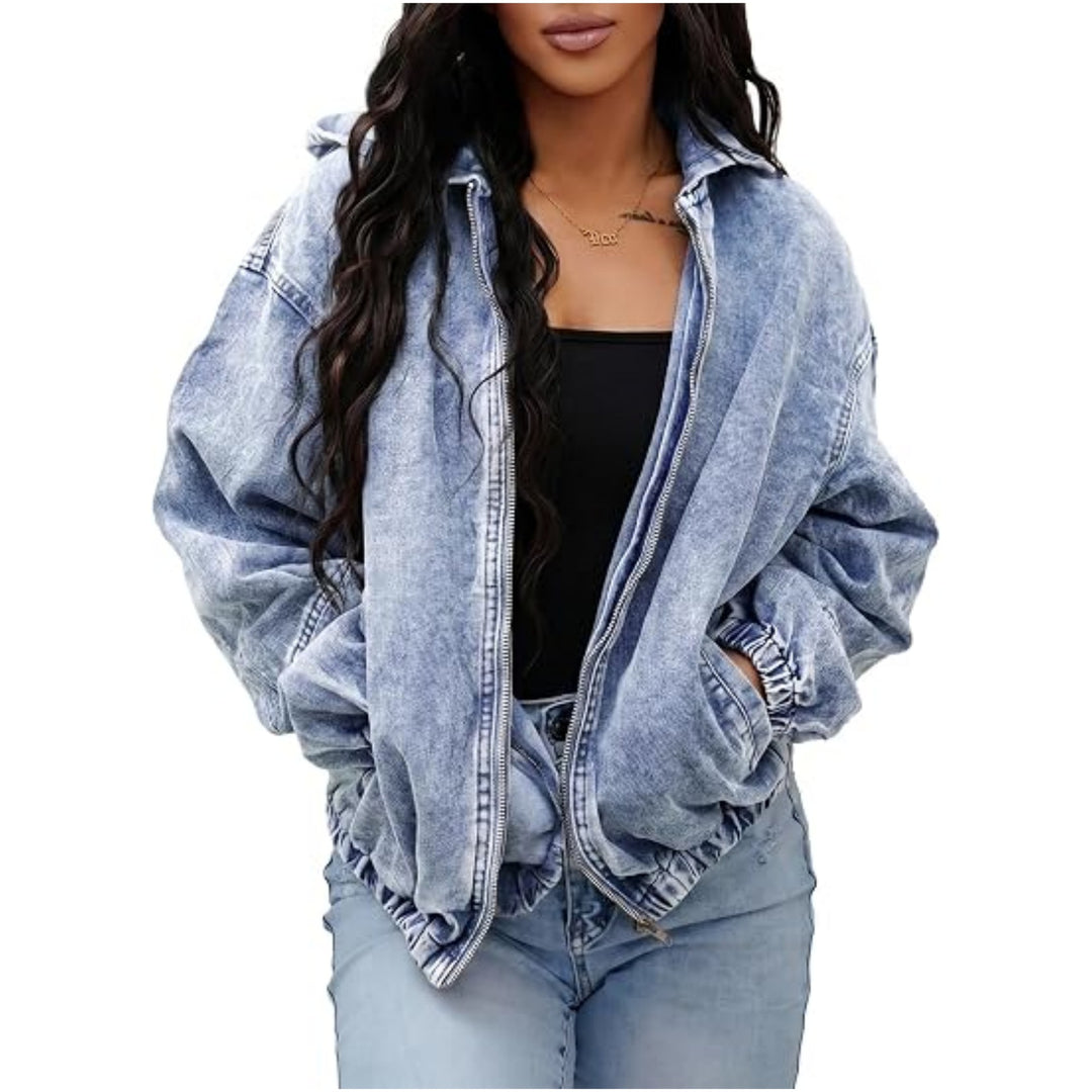 Damen Oversize-Jeansjacke mit Kapuze, Reißverschluss und Vintage-Waschung Drune