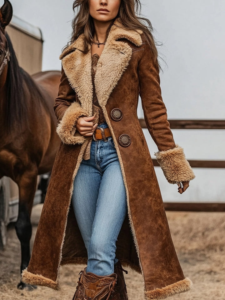 Damen Langer Veloursleder‑Look Mantel mit Lammfell‑Imitatfutter und dekorativer Doppelknopfleiste Drune