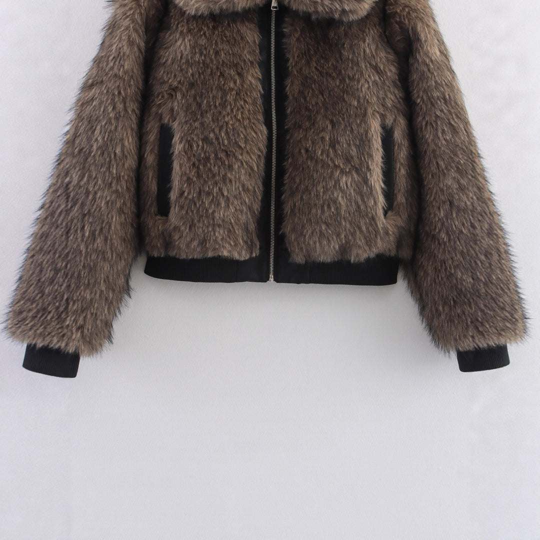 Damen Fleece-Lederjacke mit voluminösen Kragen und praktischen Taschen Drune