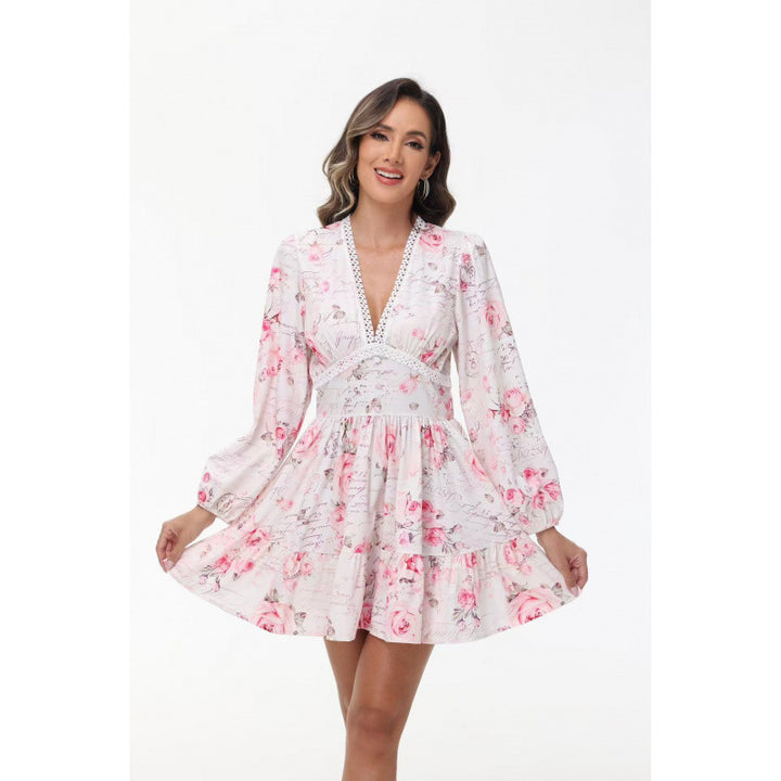 Damen Boho-florales Minikleid mit V-Ausschnitt und Puffärmeln Drune
