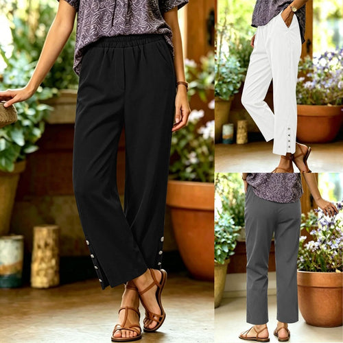 Damen Locker geschnittene High‑Waist Freizeithose mit Elastikbund und Zier‑Druckknopfleiste am Bein Drune