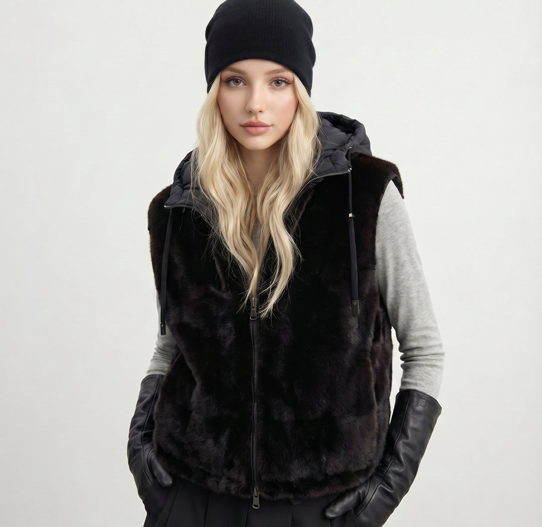 Damen Wendbare Plüsch‑ und Steppweste mit Kapuze und Zwei‑Wege‑Reißverschluss Drune