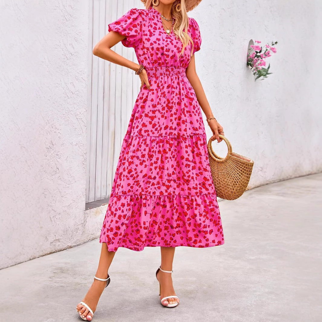 Damen Maxi-Kleid mit floralen Mustern und rüschendem Saum Drune
