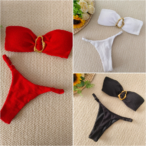 Damen Bandeau-Bikini mit dekorativem Ringdetail Drune