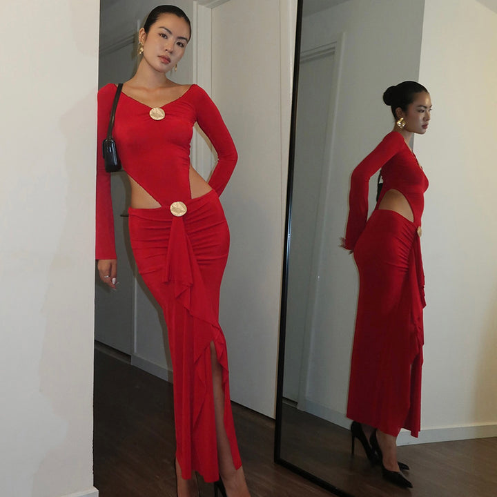 Damen eleganter Wickelrock mit glanzvollem Knopfdetail Drune