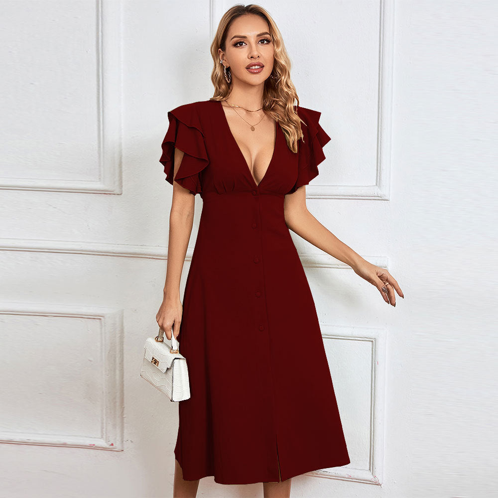 Damen elegantes Midikleid mit Rüschendetails und Knopfleiste Drune