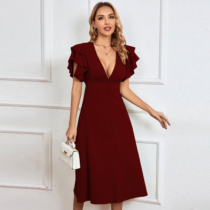 Damen elegantes Midikleid mit Rüschendetails und Knopfleiste Drune