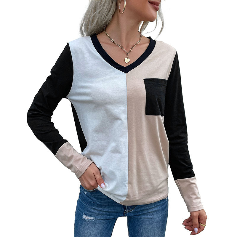 Damen Elegantes Colorblock-Langarmshirt mit V‑Ausschnitt und Brusttasche Drune