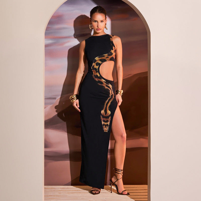 Damen Maxikleid mit raffiniertem Schlangenmuster und Cut-Out-Details Drune
