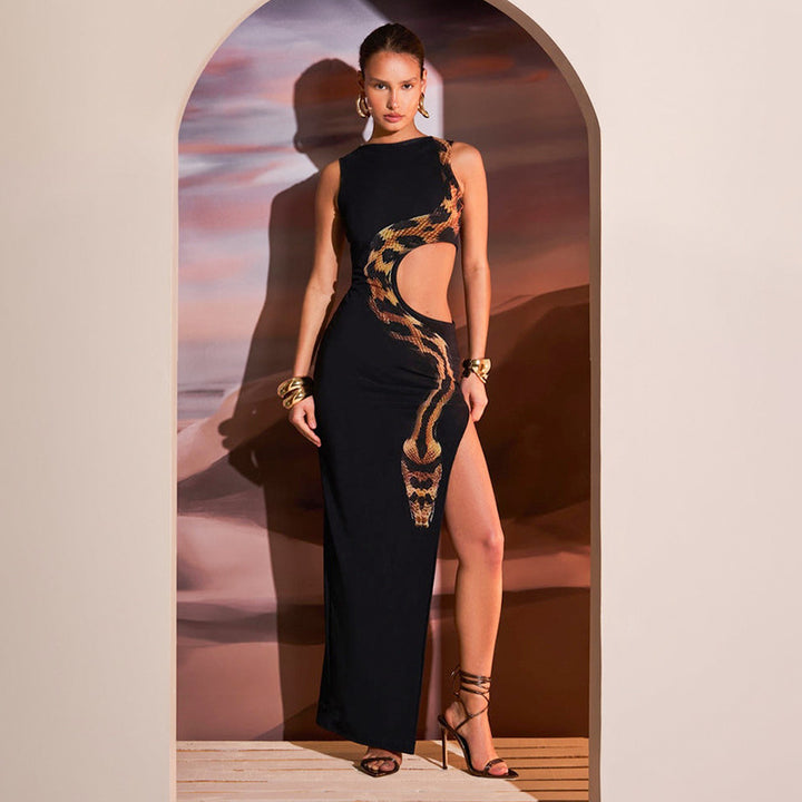 Damen Maxikleid mit raffiniertem Schlangenmuster und Cut-Out-Details Drune