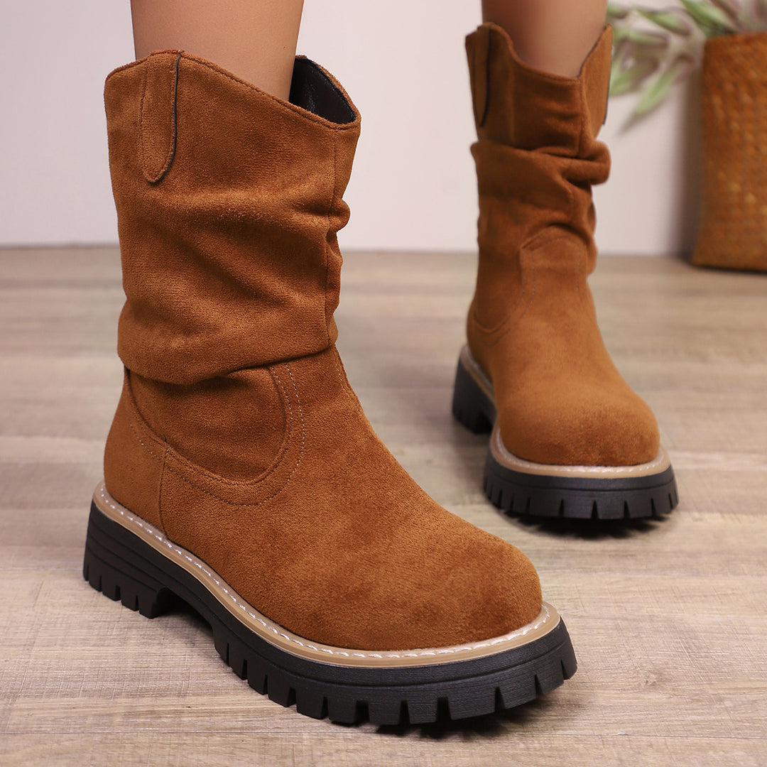 Damen weiche Wildleder-Stiefel mit lässigem Faltenlook und robuster Profilsohle Drune