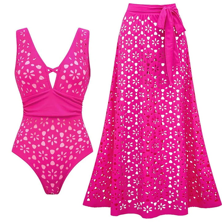 Damen Badeanzug und Rock mit floralen Ausschnitten Drune