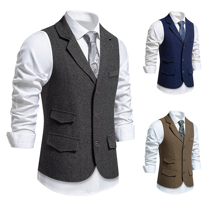 Herren Tweed-Weste mit Fischgrätstruktur, Reverskragen und Pattentaschen Drune