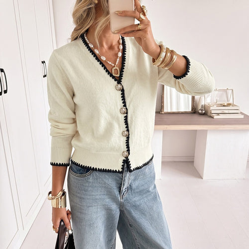 Damen Feingestrickter V‑Ausschnitt‑Cardigan mit kontrastierender Zierkante und Zierknöpfen Drune